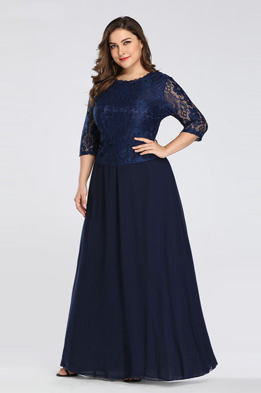 Long Half-Sleeve Navy Lace Plus Size Dress Online-BallBride