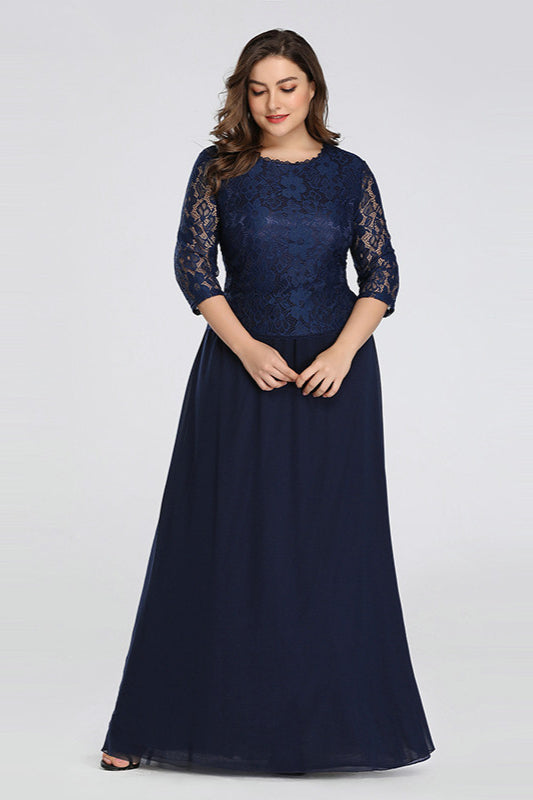 Long Half-Sleeve Navy Lace Plus Size Dress Online-BallBride