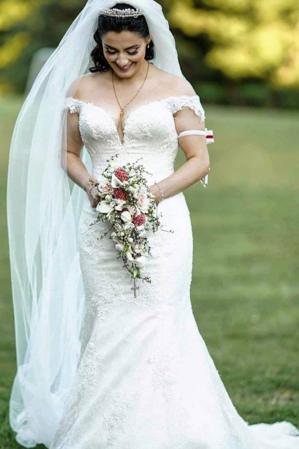 Long Mermaid Lace Off-the-shoulder Wedding Dress-BallBride