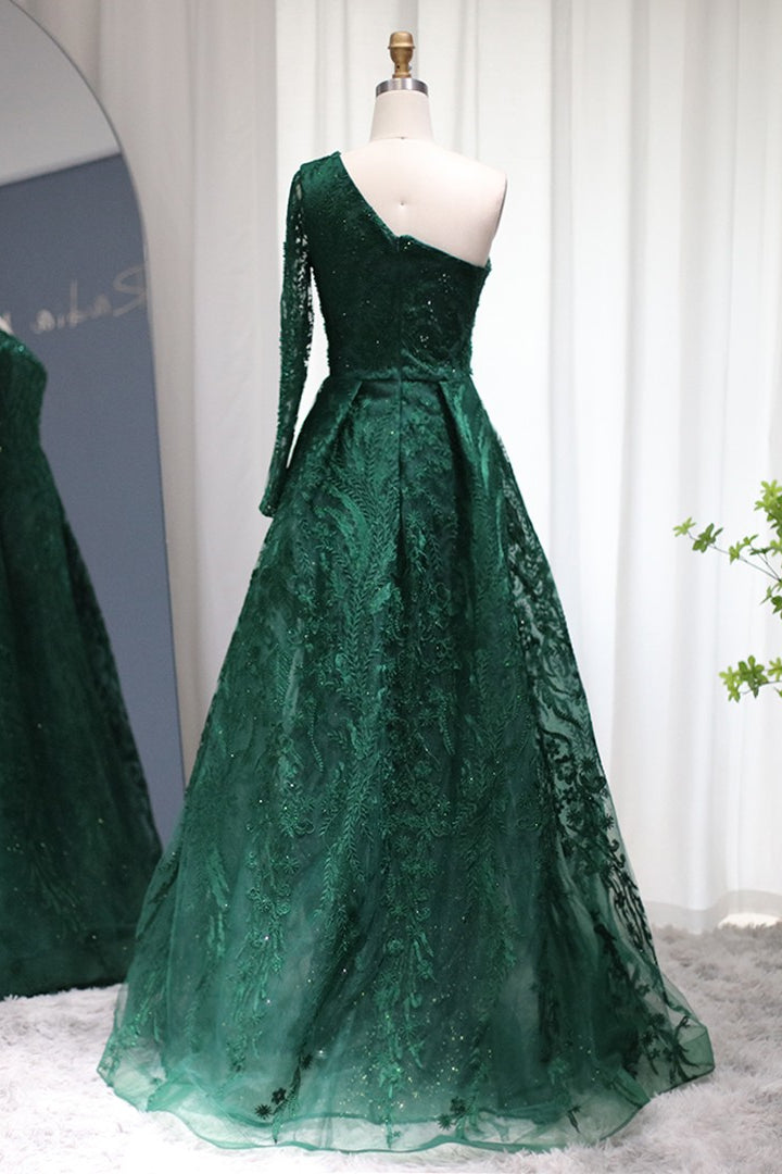 Long Mermaid One Shoulder Tulle Tulle Formal Prom Dress with Appliques Lace-BallBride
