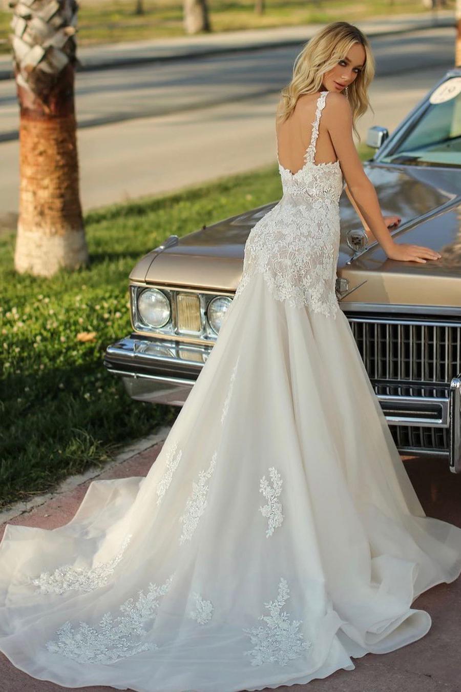 Long Mermaid Sweetheart Backless Wedding Dress with Tulle Lace-BallBride