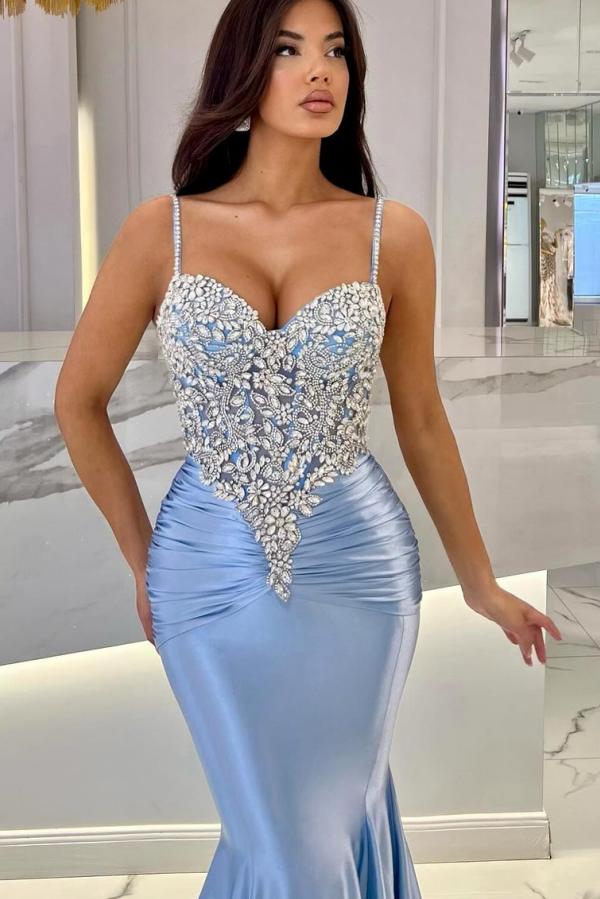 Long Mermaid Sweetheart Spaghetti Straps Satin Formal Prom Dresses-BallBride