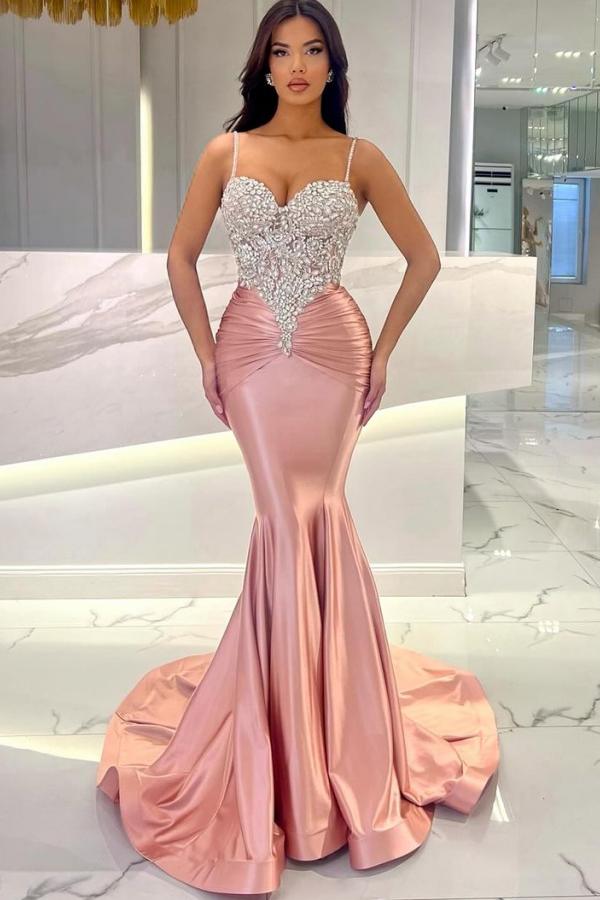 Long Mermaid Sweetheart Spaghetti Straps Satin Formal Prom Dresses-BallBride