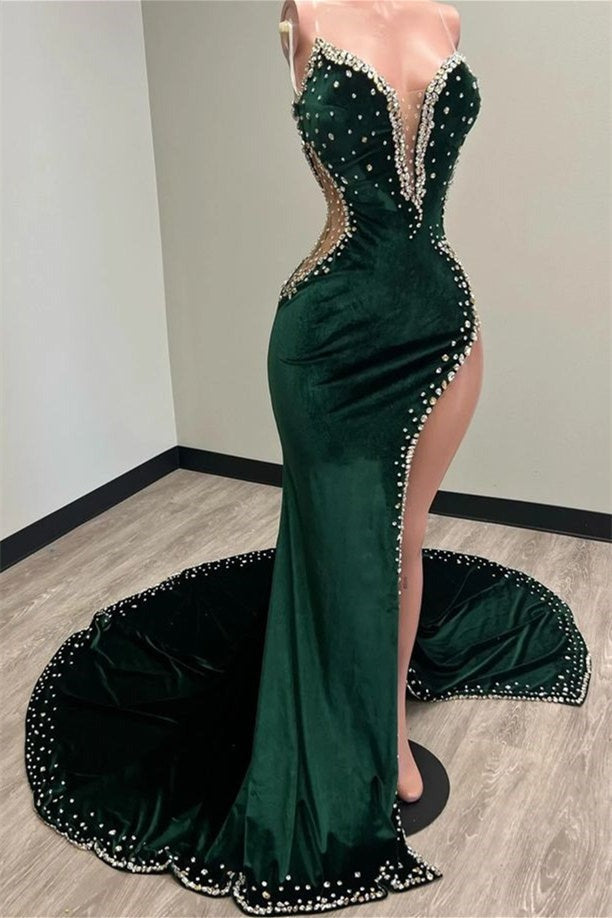 Long Mermaid V-neck Spaghetti Strap Beaded High Split Floor-length Prom Dress-BallBride