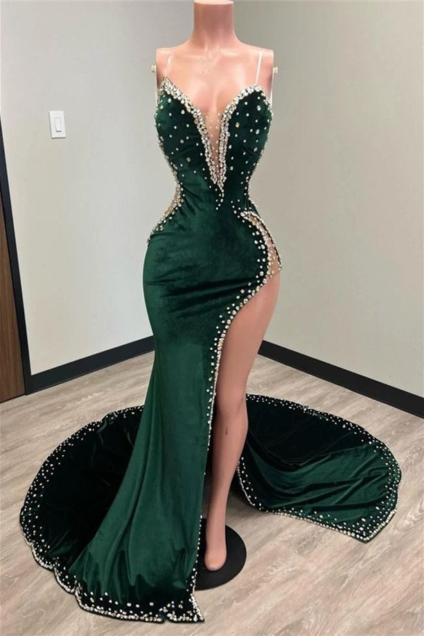 Long Mermaid V-neck Spaghetti Strap Beaded High Split Floor-length Prom Dress-BallBride