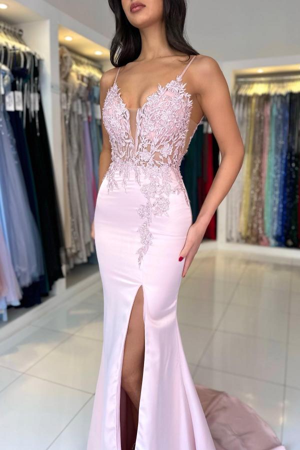 Long Mermaid V-Neck Spaghetti Strapless Sleeveless Satin Lace Prom Dresses with Slit-BallBride