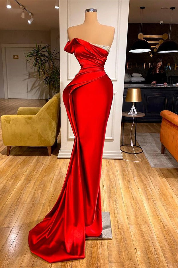 Long Red Strapless Prom Dress with Beadings-BallBride