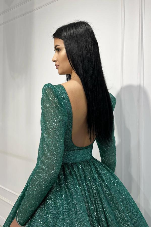 Long Sleeve Crew Neck A Line Tulle Prom Dress with Sequins-BallBride