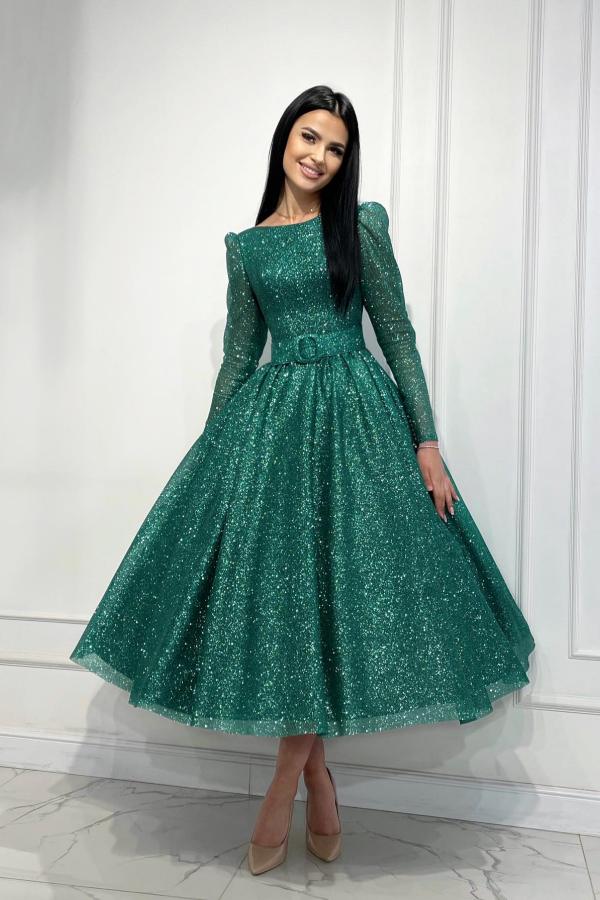 Long Sleeve Crew Neck A Line Tulle Prom Dress with Sequins-BallBride