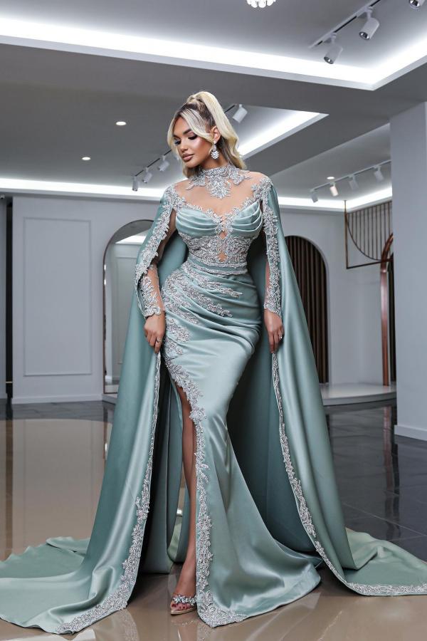 Long Sleeve High Neck Split Side Mermaid Draped Appliques Satin Prom Dress with Cape-BallBride