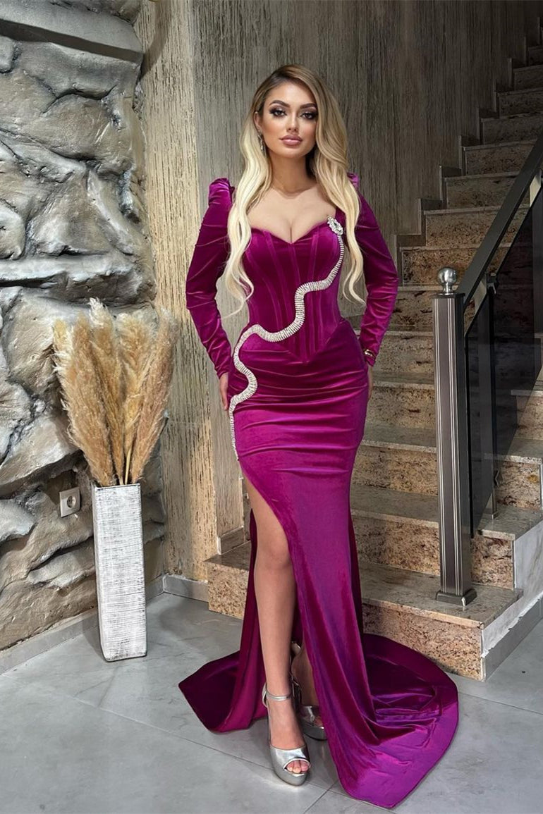 Long Sleeve Mermaid Long Split Side Prom Dress with Beads-BallBride