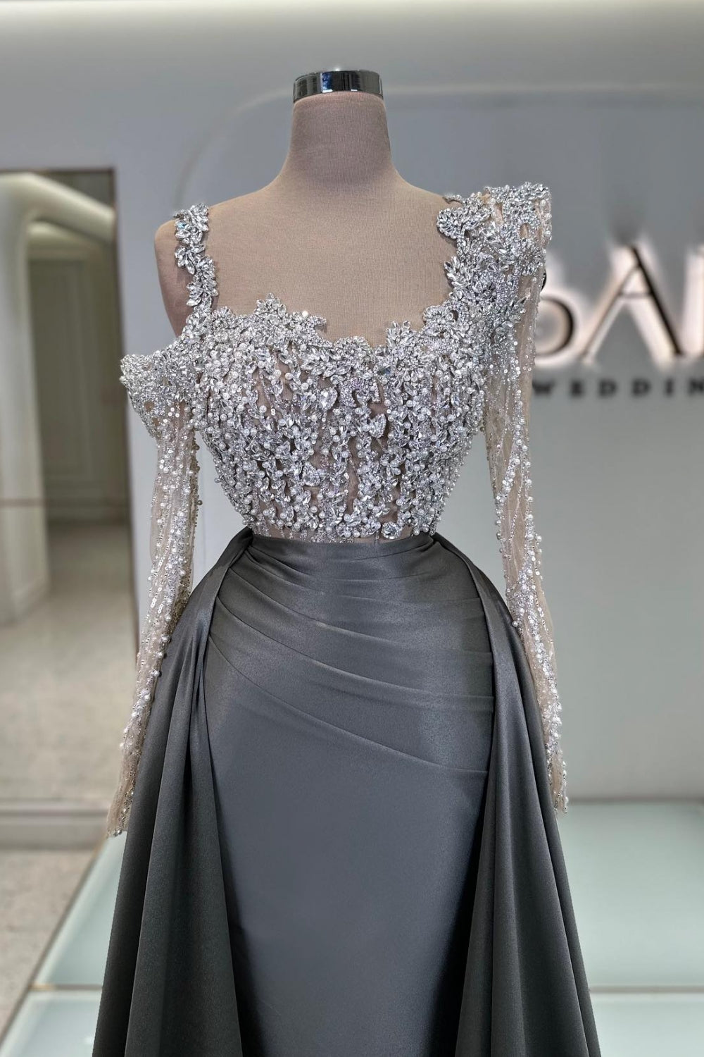 Long Sleeve Mermaid Seqins Beaded Satin Prom Dress with Train-BallBride