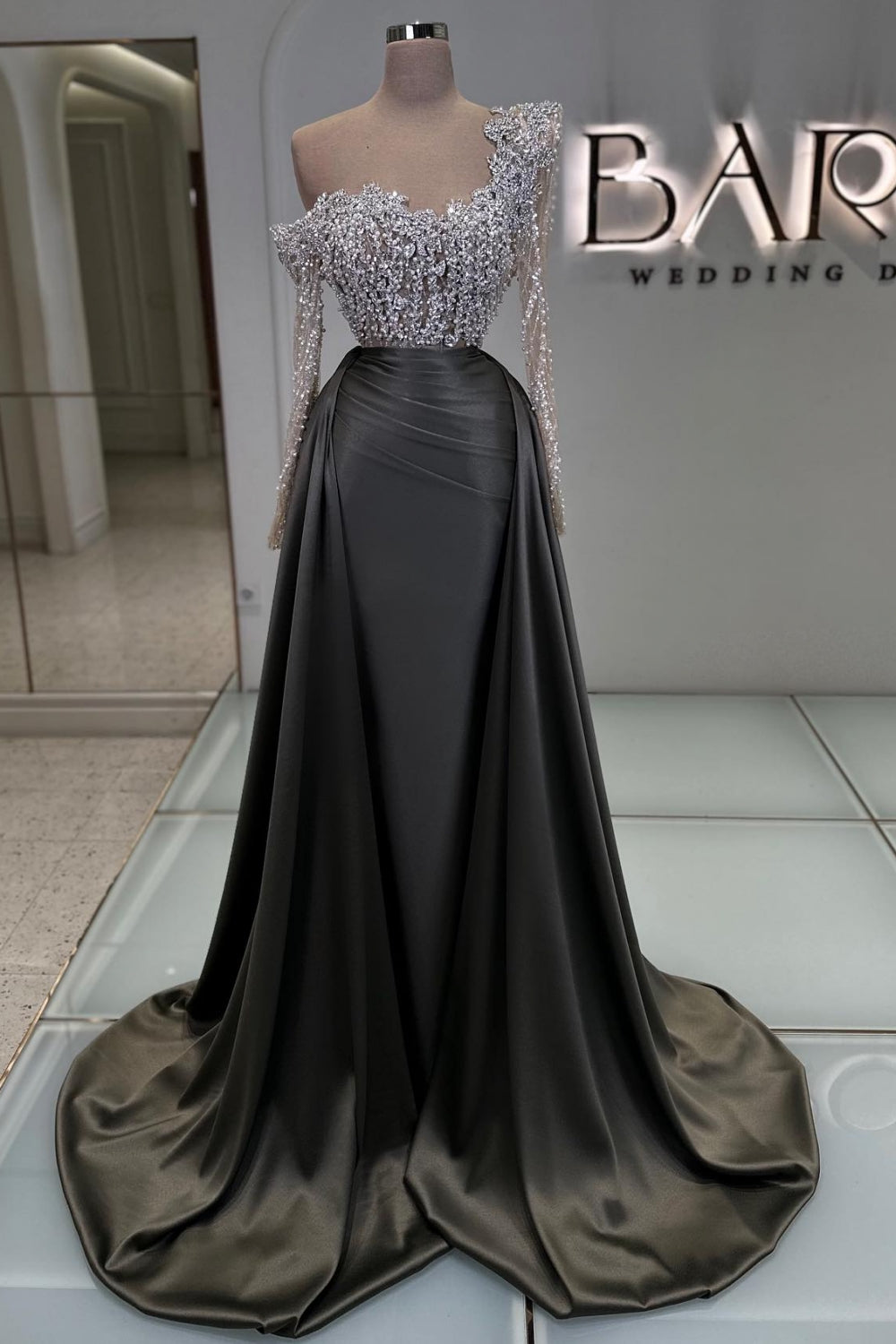 Long Sleeve Mermaid Seqins Beaded Satin Prom Dress with Train-BallBride