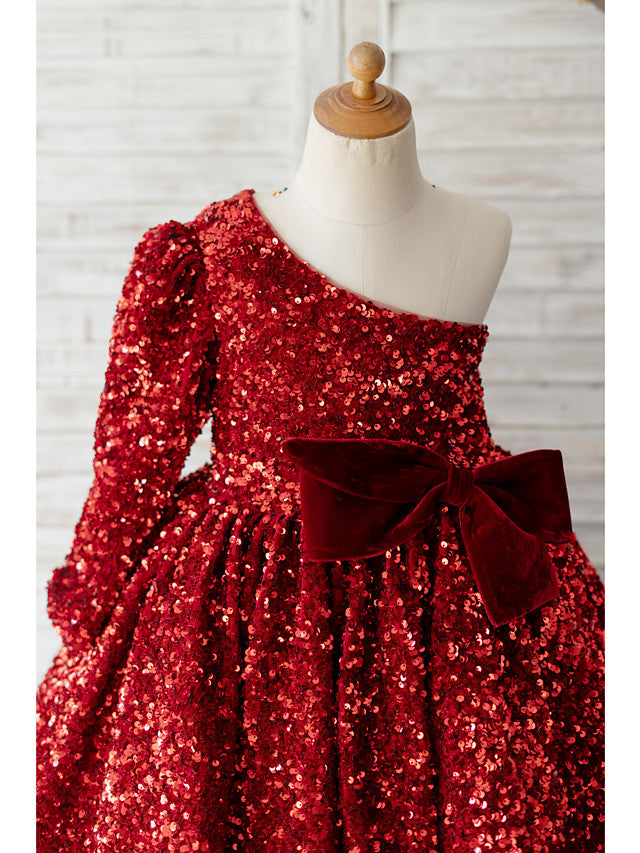 Long Sleeve One Shoulder Ball Gown Knee Length Flower Girl Dress with Bow and Sequins-BallBride