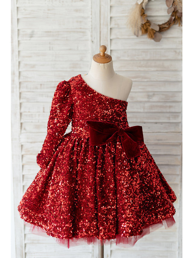 Long Sleeve One Shoulder Ball Gown Knee Length Flower Girl Dress with Bow and Sequins-BallBride