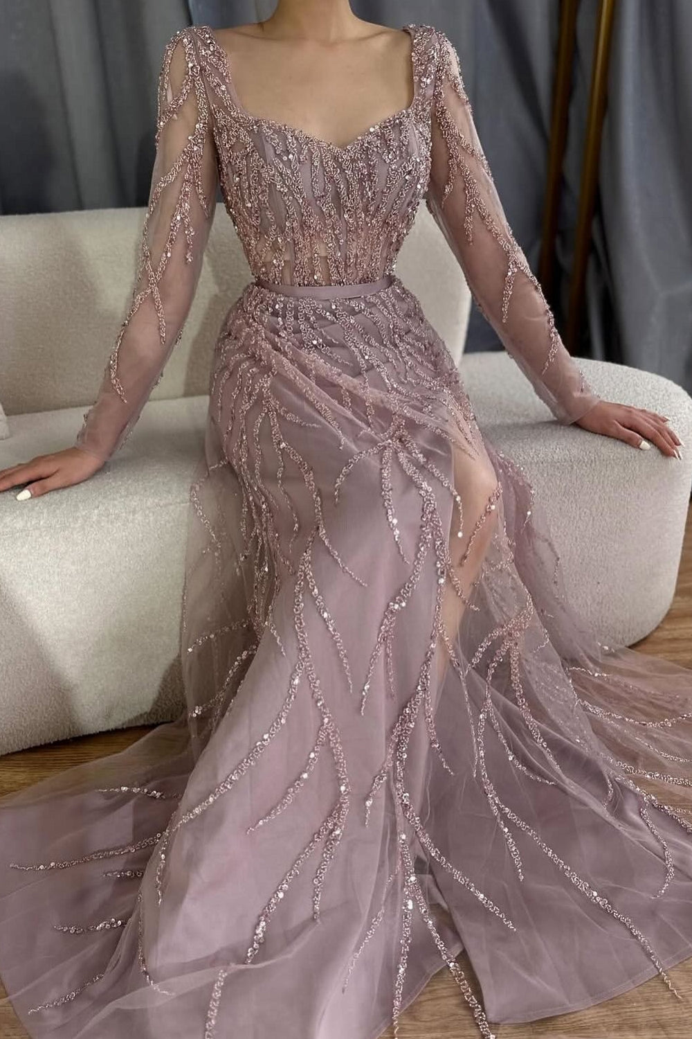 Long Sleeve Pink Sequined Mermaid Slit Prom Dress Detachable Tulle-BallBride