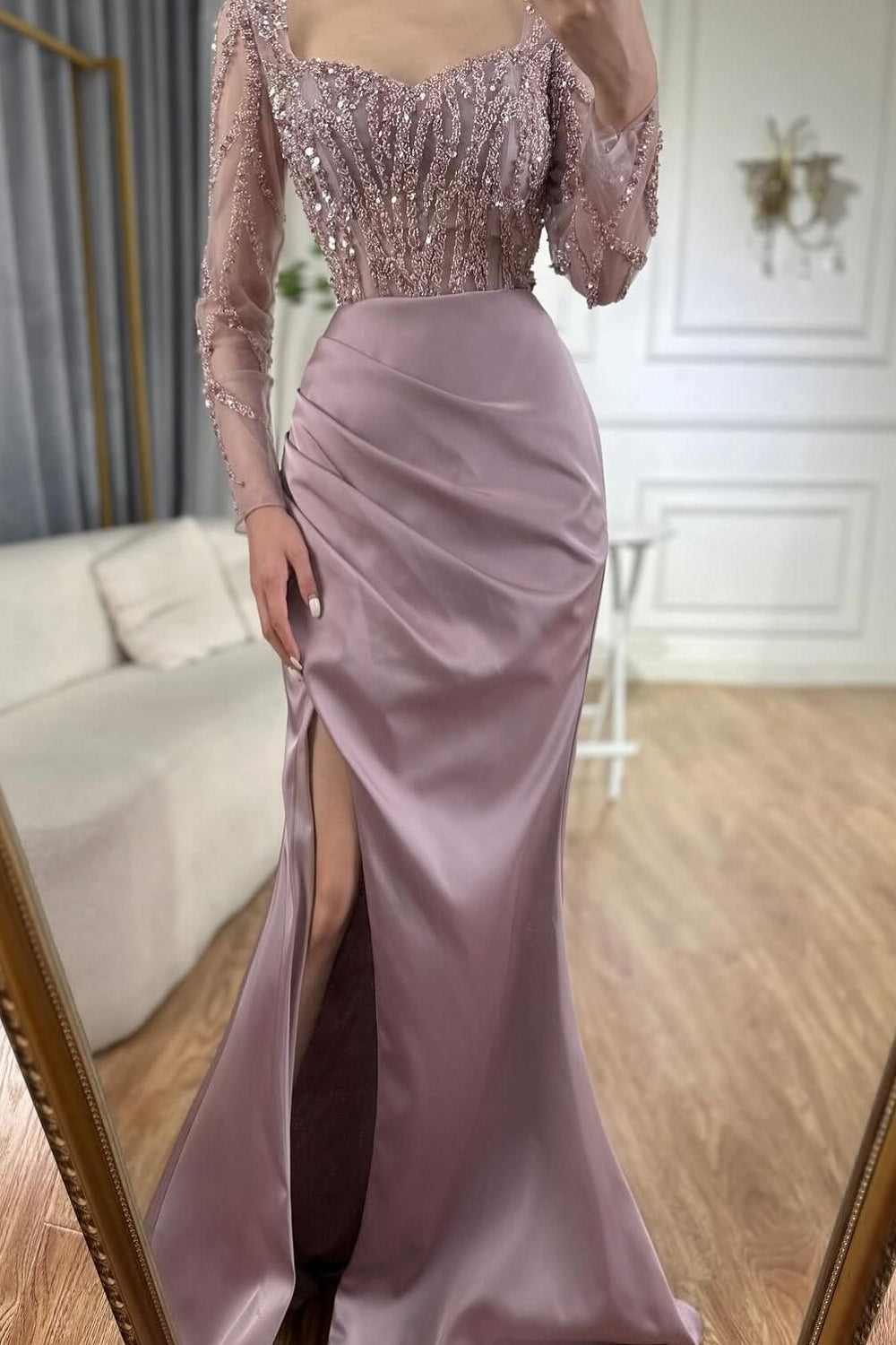 Long Sleeve Pink Sequined Mermaid Slit Prom Dress Detachable Tulle-BallBride