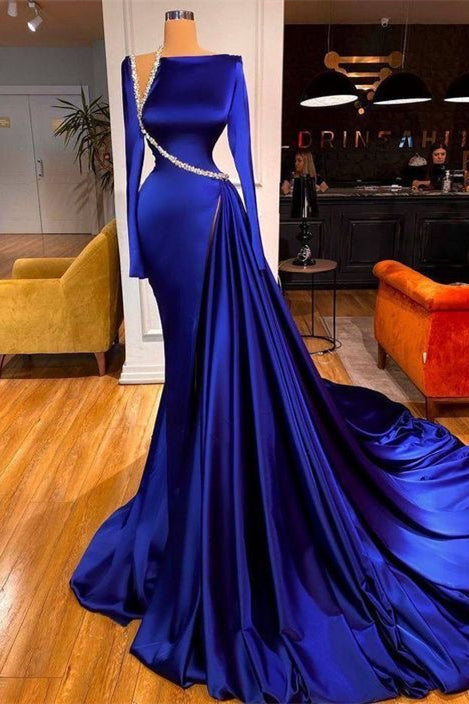 Long Sleeve Satin Beaded Mermaid Prom Dress with Panel Train-BallBride