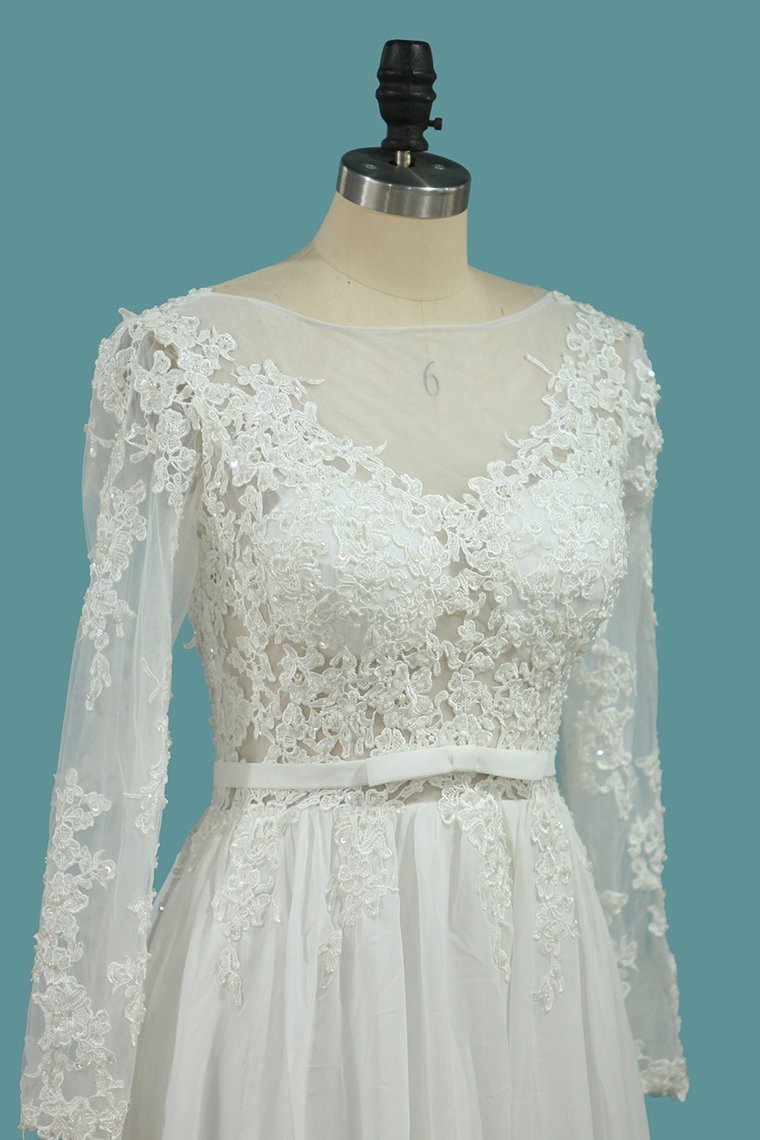 Long Sleeves Bateau Chiffon Wedding Dress With Ruffles-BallBride