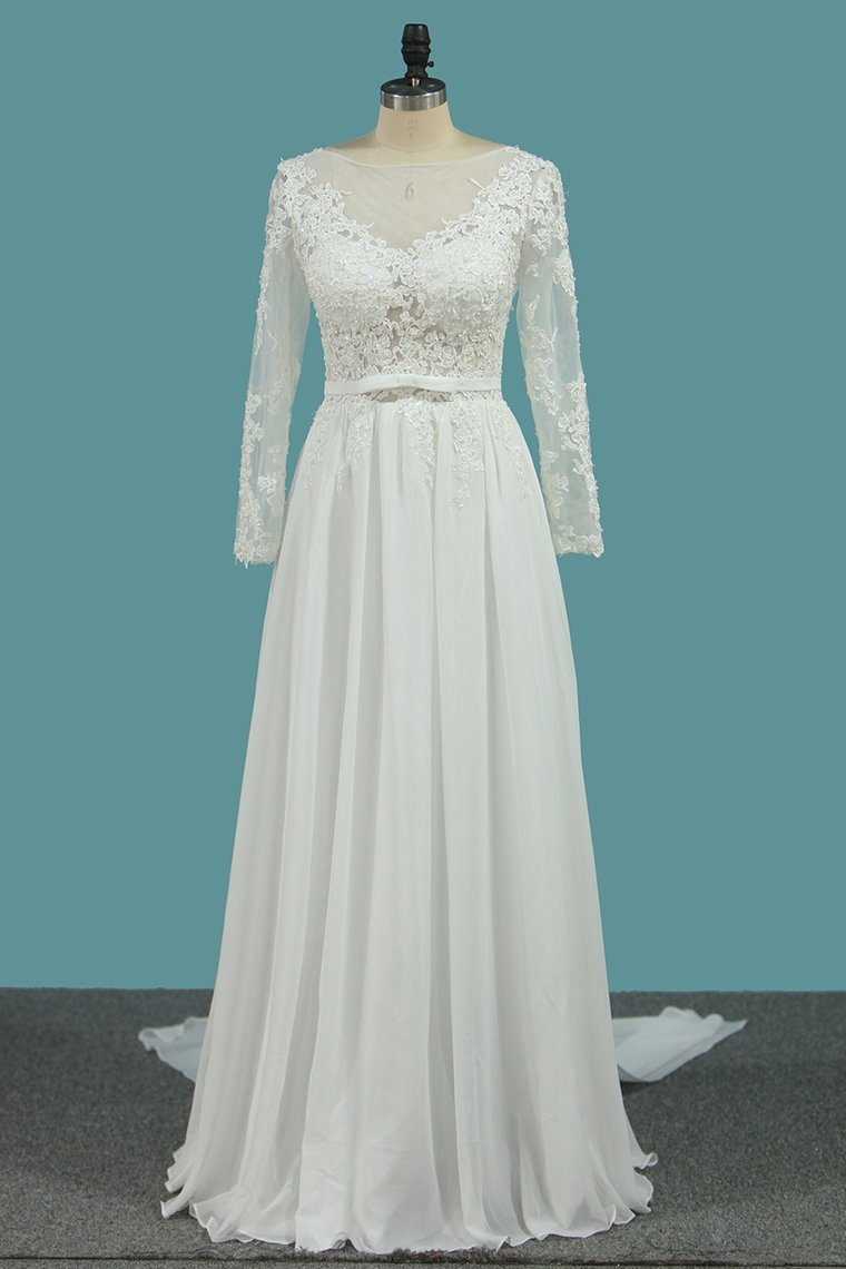 Long Sleeves Bateau Chiffon Wedding Dress With Ruffles-BallBride