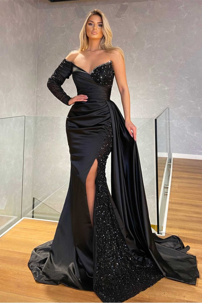 Long Sleeves Black Sweetheart Mermaid Prom Dress with Sequins-BallBride