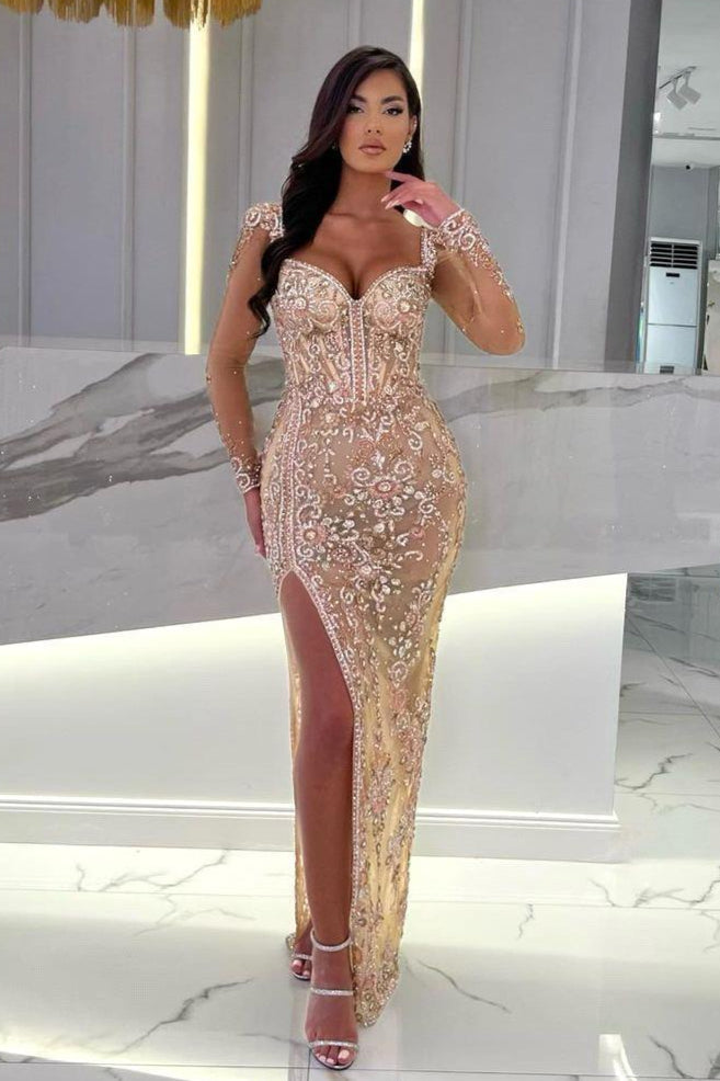 Long sleeves Sparkle Beaded Mermaid High Split Sweetheart Overskirt Prom Dresses-BallBride