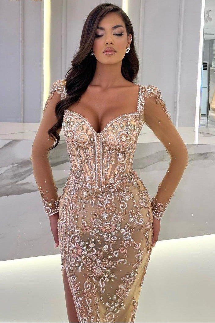 Long sleeves Sparkle Beaded Mermaid High Split Sweetheart Overskirt Prom Dresses-BallBride
