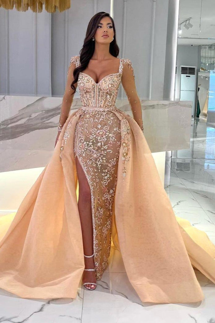 Long sleeves Sparkle Beaded Mermaid High Split Sweetheart Overskirt Prom Dresses-BallBride