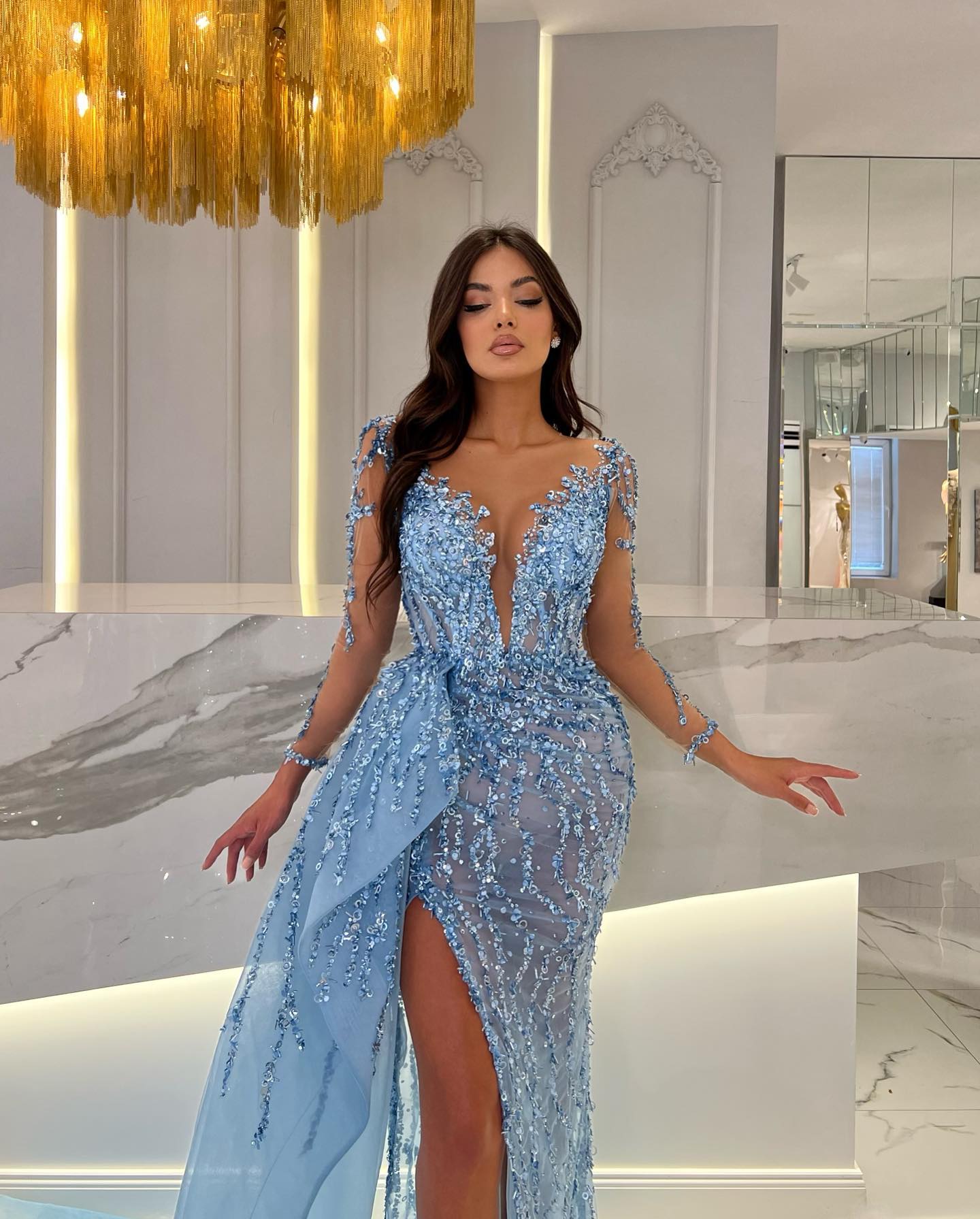 Long Sleeves Sweetheart Mermaid Tulle Lace Evening Prom Dress with Slit-BallBride