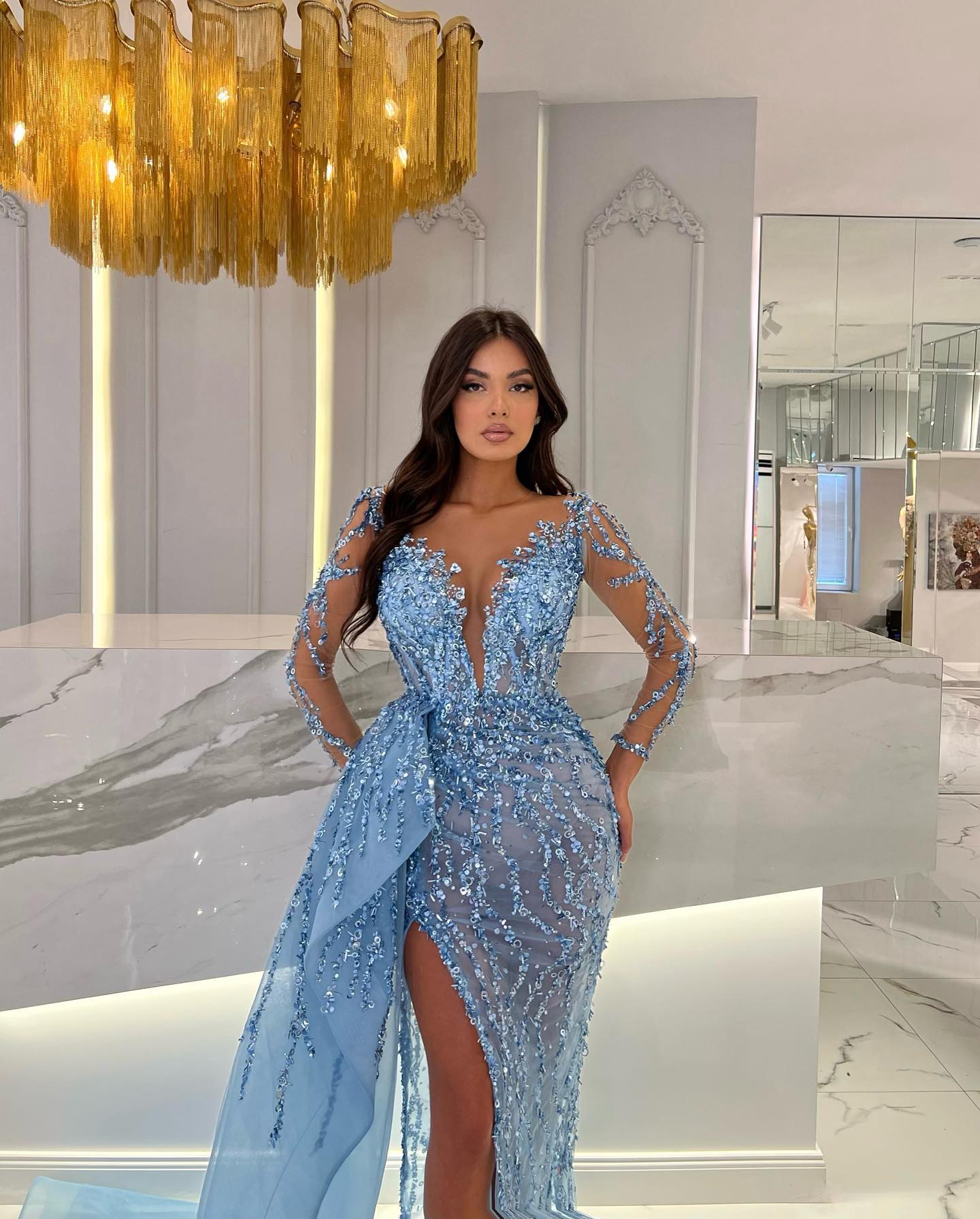 Long Sleeves Sweetheart Mermaid Tulle Lace Evening Prom Dress with Slit-BallBride