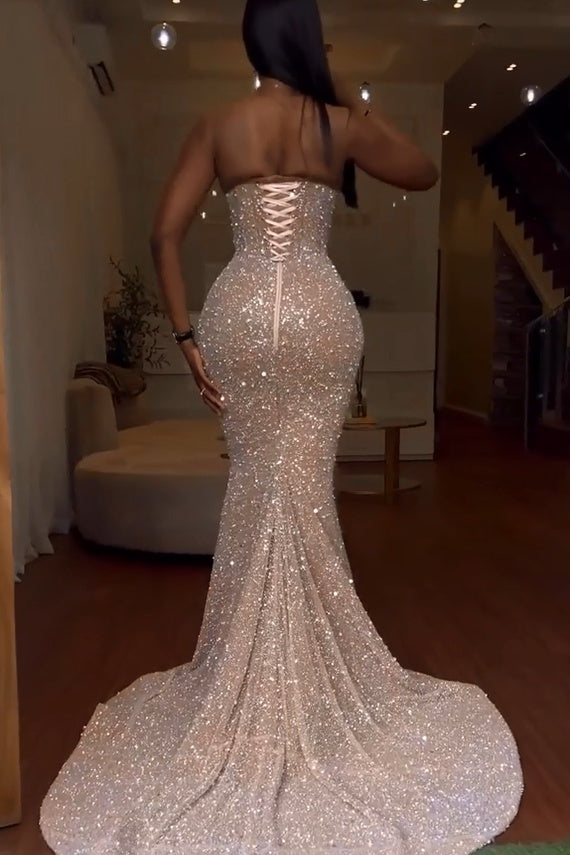 Long Sweetheart Sequins Backless Sleeveless Mermaid Prom Dress-BallBride