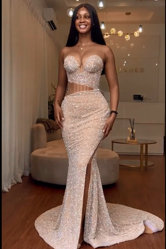 Long Sweetheart Sequins Backless Sleeveless Mermaid Prom Dress-BallBride