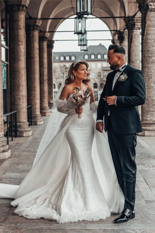 Long Wedding Dress with Lace and Sweetheart Mermaid Bubble Sleeves-BallBride