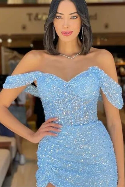 Look Classy in a Sky Blue Off-the-Shoulder Evening Dress with Sequins and a Slit-BallBride