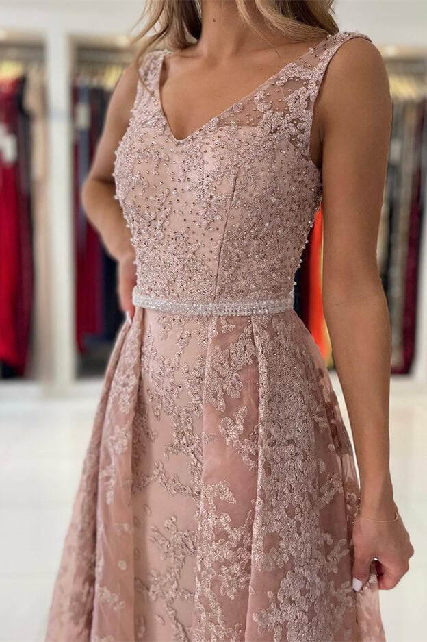 Look Classy in this Dusty Pink V-Neck Evening Dress with Sleeveless Lace Appliques Overskirt-BallBride