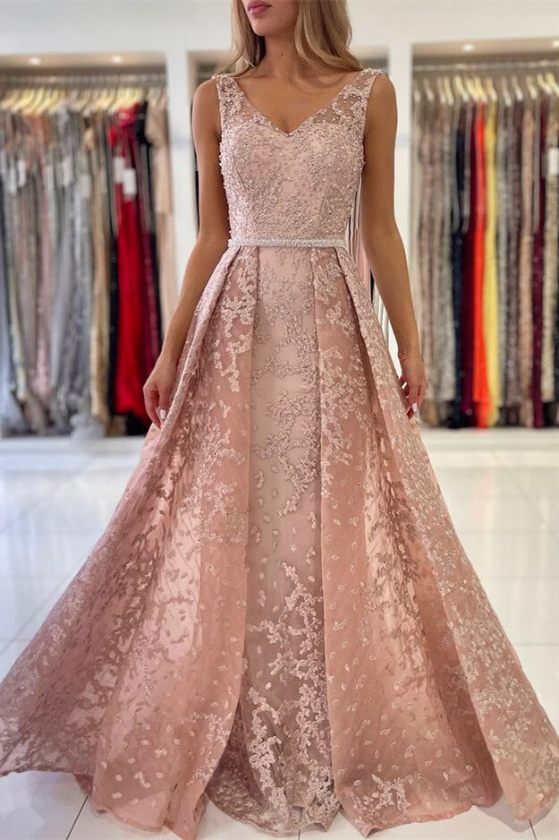 Look Classy in this Dusty Pink V-Neck Evening Dress with Sleeveless Lace Appliques Overskirt-BallBride