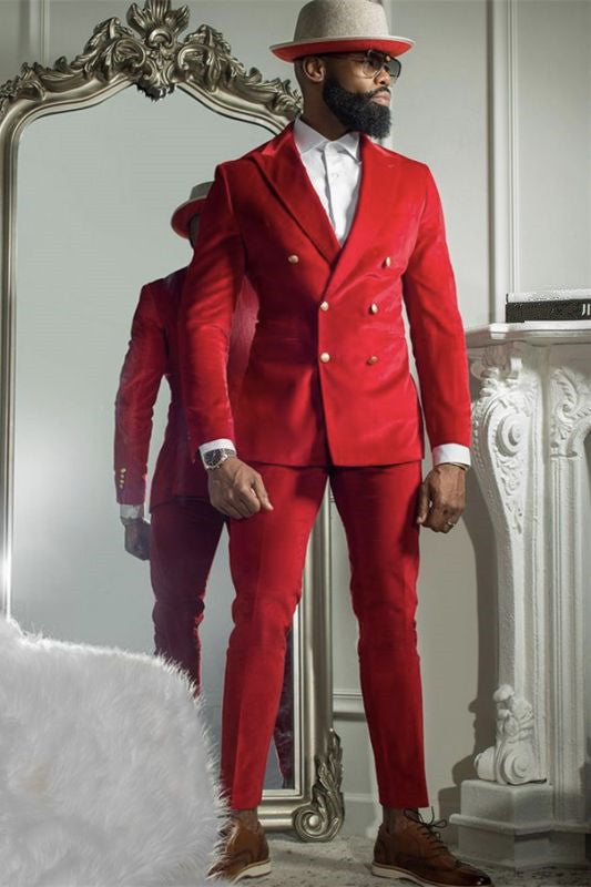 Look Dapper in this Bespoke Double Breasted Prince Suit with Red Velvet Peaked Lapel-BallBride