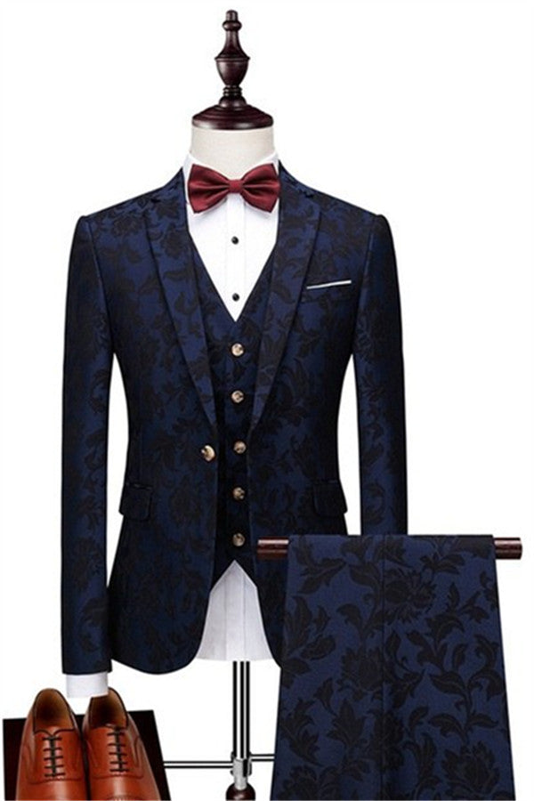 Look Dashing in Hot Selling Men's Three-Piece Navy Blue Jacquard Groomsmen Outfit-BallBride