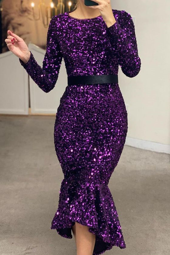 Look Radiant in the Mermaid Sequins Long Sleeves Prom Dress Online With Belt-BallBride