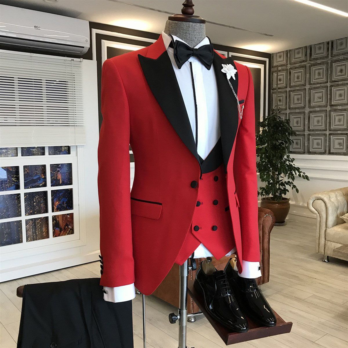Look Sharp in the Popular Red Three Pieces Mens Wedding Suit with Black Peaked Lapel-BallBride