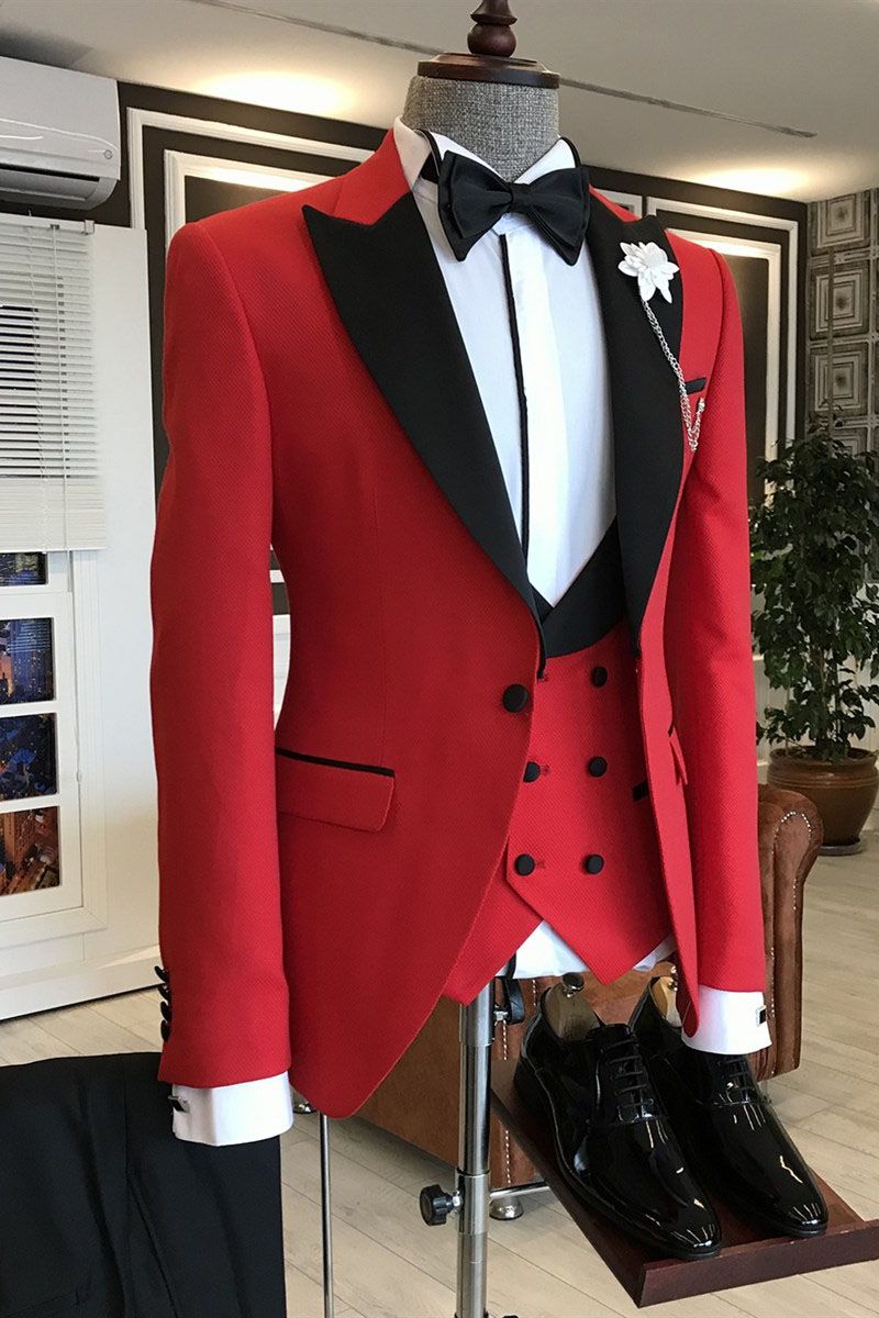 Look Sharp in the Popular Red Three Pieces Mens Wedding Suit with Black Peaked Lapel-BallBride