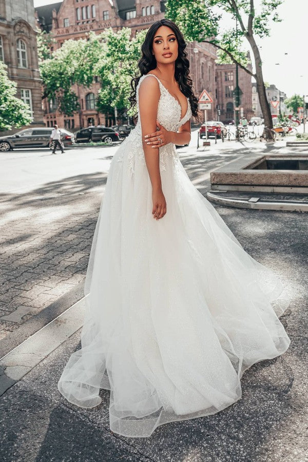 Look Stunning in Amazing Deep V-neck A-Line Floor-length Wedding Dress With Tulle Floral Lace-BallBride