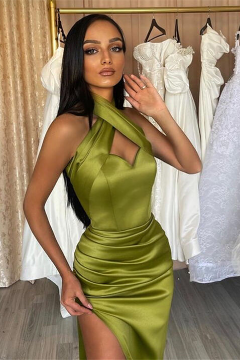 Look Stunning in Sexy Halter Green Mermaid Prom Dress Long With Split-BallBride