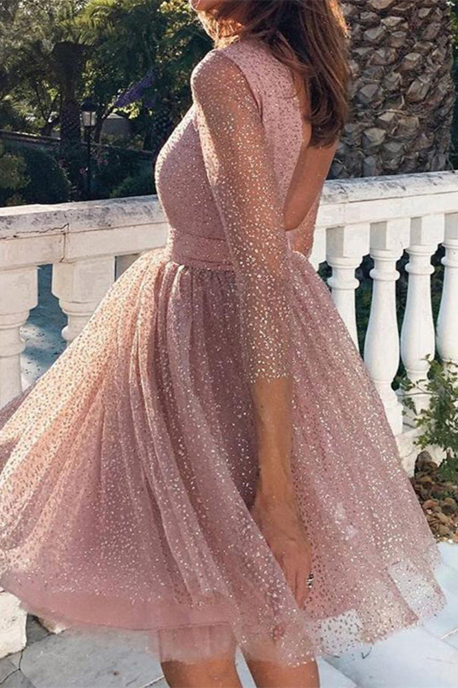 Lovely Pink Crystal Sequins Homecoming Dress with Long Sleeves - Short Prom Dress Online-BallBride