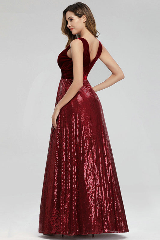 Luxurious Burgundy Velvet Sequins Long Prom Dress-BallBride