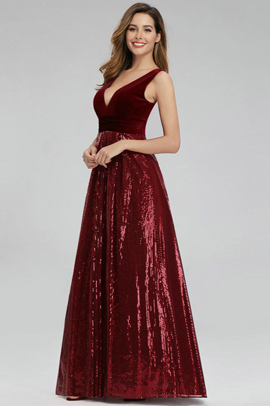 Luxurious Burgundy Velvet Sequins Long Prom Dress-BallBride