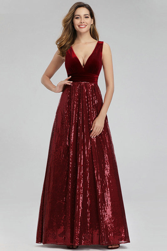 Luxurious Burgundy Velvet Sequins Long Prom Dress-BallBride