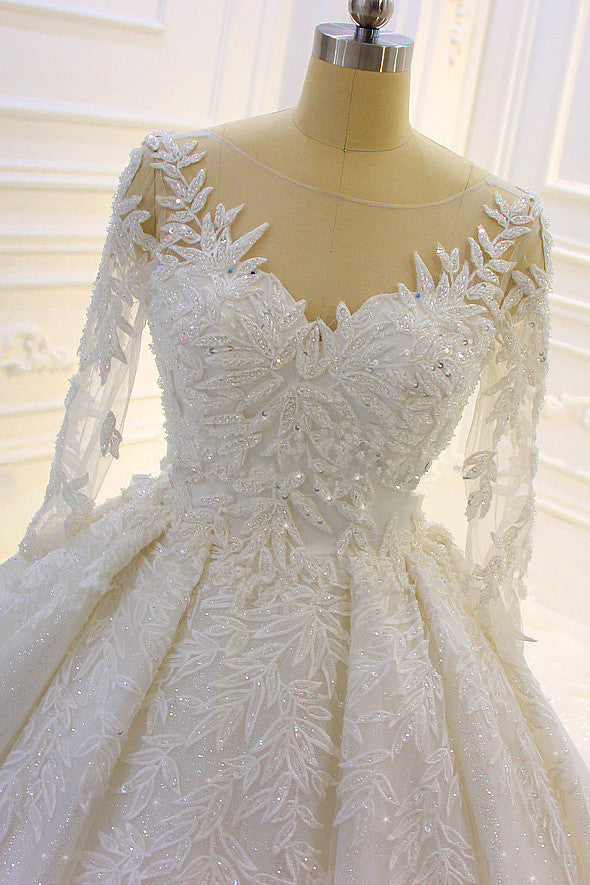 Luxury Beading Wedding Dress With Lace Appliques and Long Church Train Sleeves-BallBride