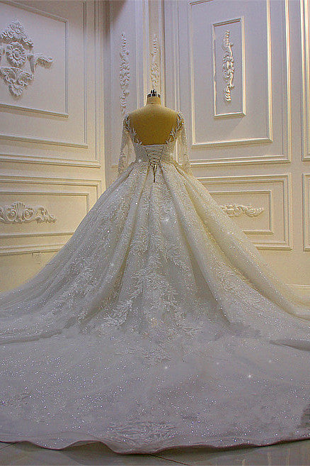 Luxury Beading Wedding Dress With Lace Appliques and Long Church Train Sleeves-BallBride