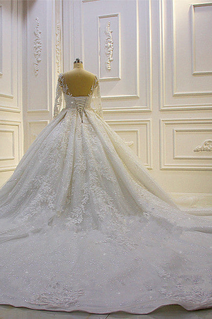 Luxury Beading Wedding Dress With Lace Appliques and Long Church Train Sleeves-BallBride